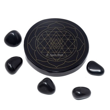 Yantra Engraved Coaster On Black Agate