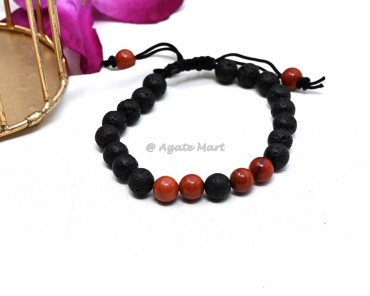 Lava Stone With Red Jasper Adjustable Bracelet